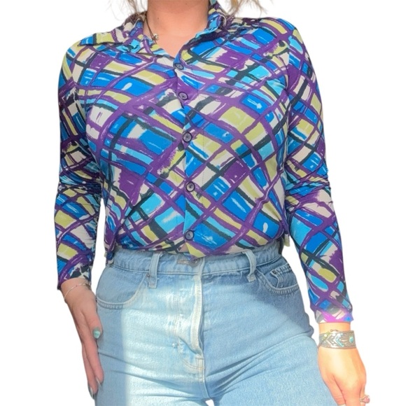 VTG Rich Birds Colorful Geometric Stretchy Button Down Top Long Sleeves Y2K - Picture 1 of 12